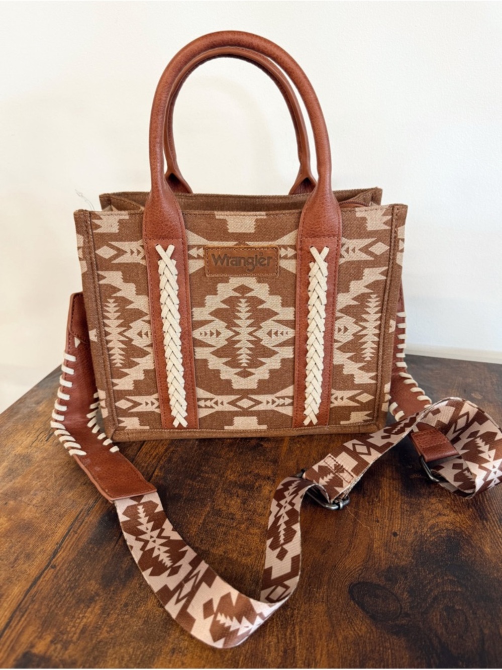 Wrangler Brown & Cream Southwestern Canvas Tote with Braided Trim
